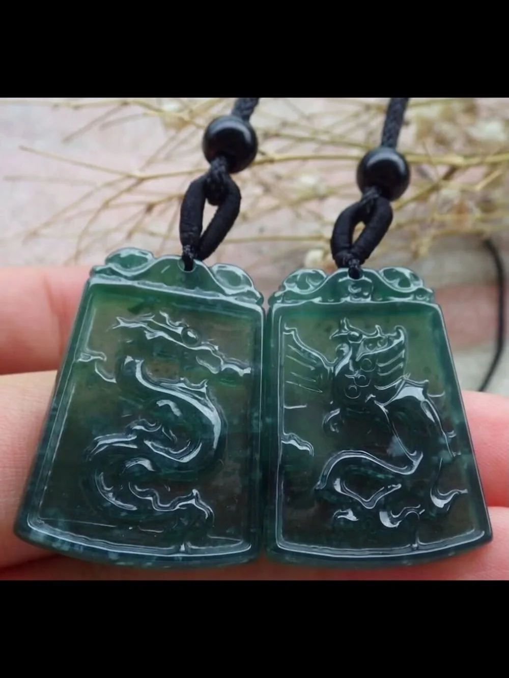 Certificate Jadeite Jade wedding wealth dark Green Pair Dragon Phoenix Pendant